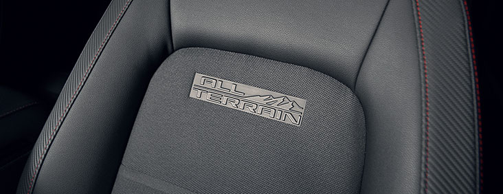 Image of the All Terrain logo text on the drivers seat 2017 GMC Canyon pickup truck.